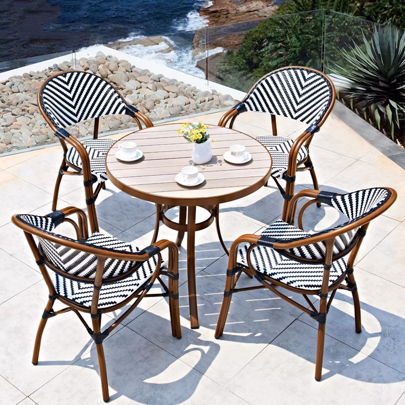 Rattan Furniture Outdoor Restaurant Chairs and Teak Wood Tables Set for Dining
