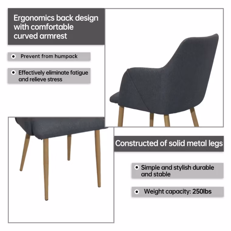 Factory Manufacturer Cheap Price Grey Fabric Upholstered Design Hotel Nordic Outdoor Metal Leg Chairs for Dining Table