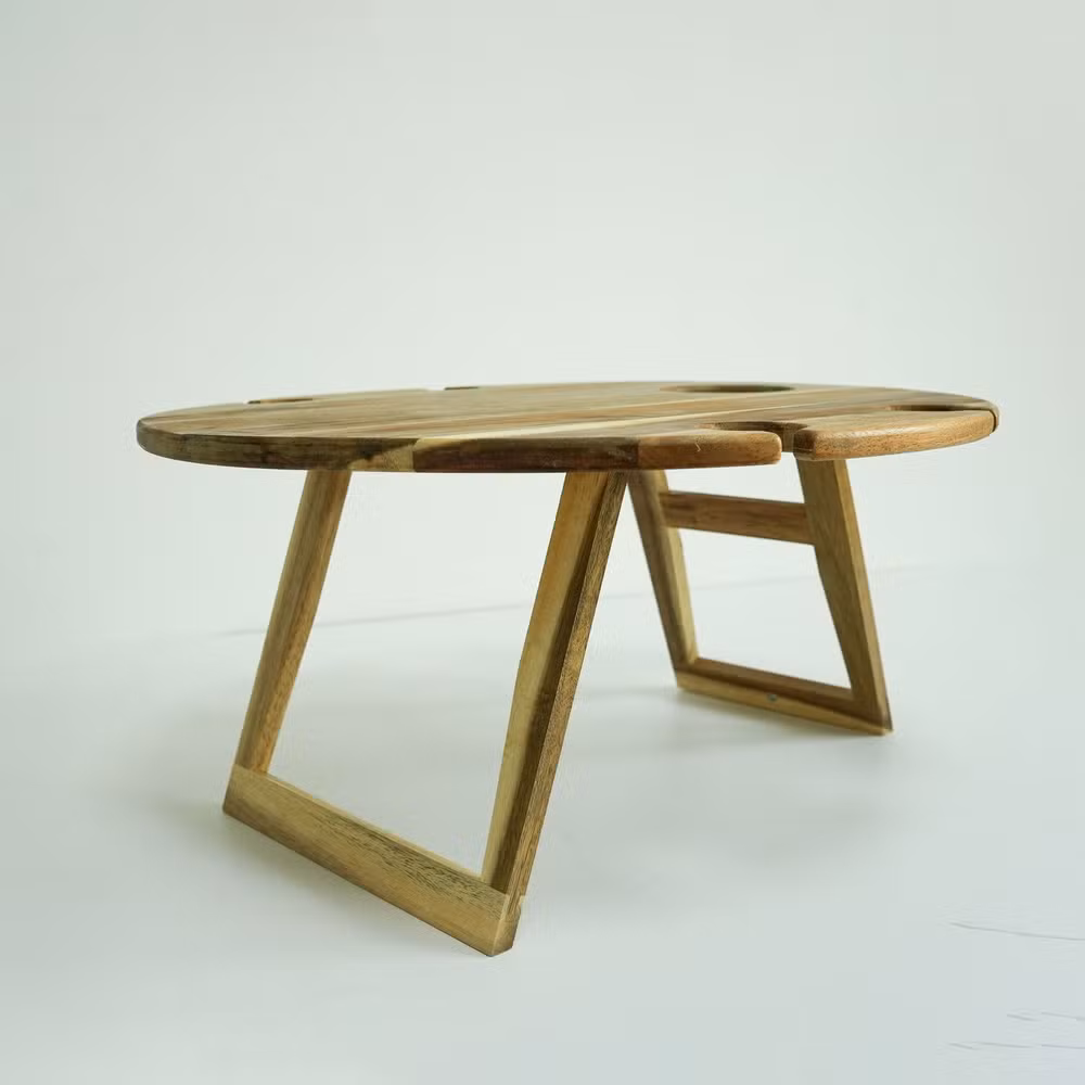 Custom Round Shape Bamboo Portable Camping Table Wood Folding Picnic Table Wood Outdoor Wine Table with Wine Glasses Holder