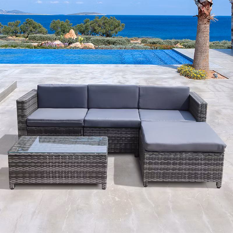 2022 Outdoor Furniture Oversized Hotel Lounge Garden Sofa Set Rope L-Shape Wicker Rattan Chair Grey Garden Sets