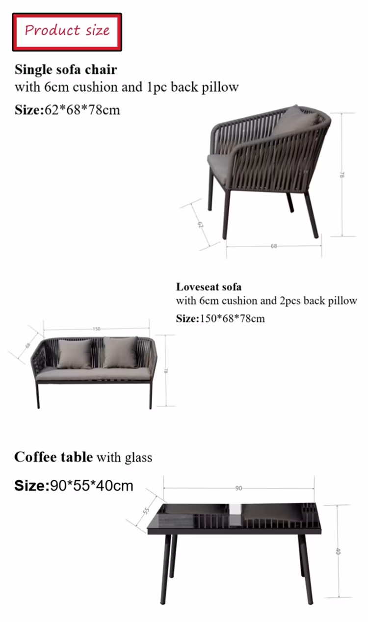 High Quality Patio Sofas Garden Furniture Aluminum Frame Rope Chair Coffee Table Outdoor Sofa Set