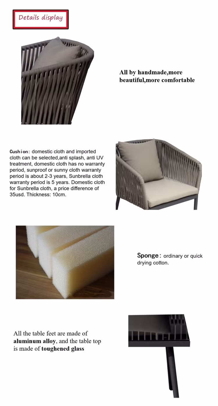 High Quality Patio Sofas Garden Furniture Aluminum Frame Rope Chair Coffee Table Outdoor Sofa Set