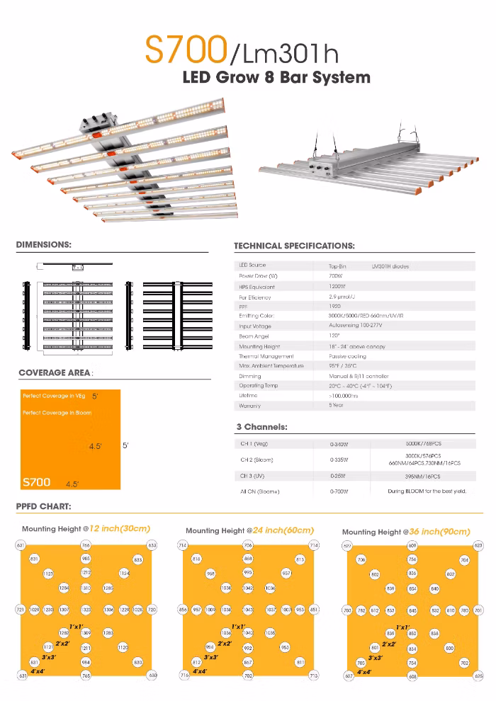 S700 700W Lm301h UV IR Dimmable Full Spectrum Bar LED Grow Lights