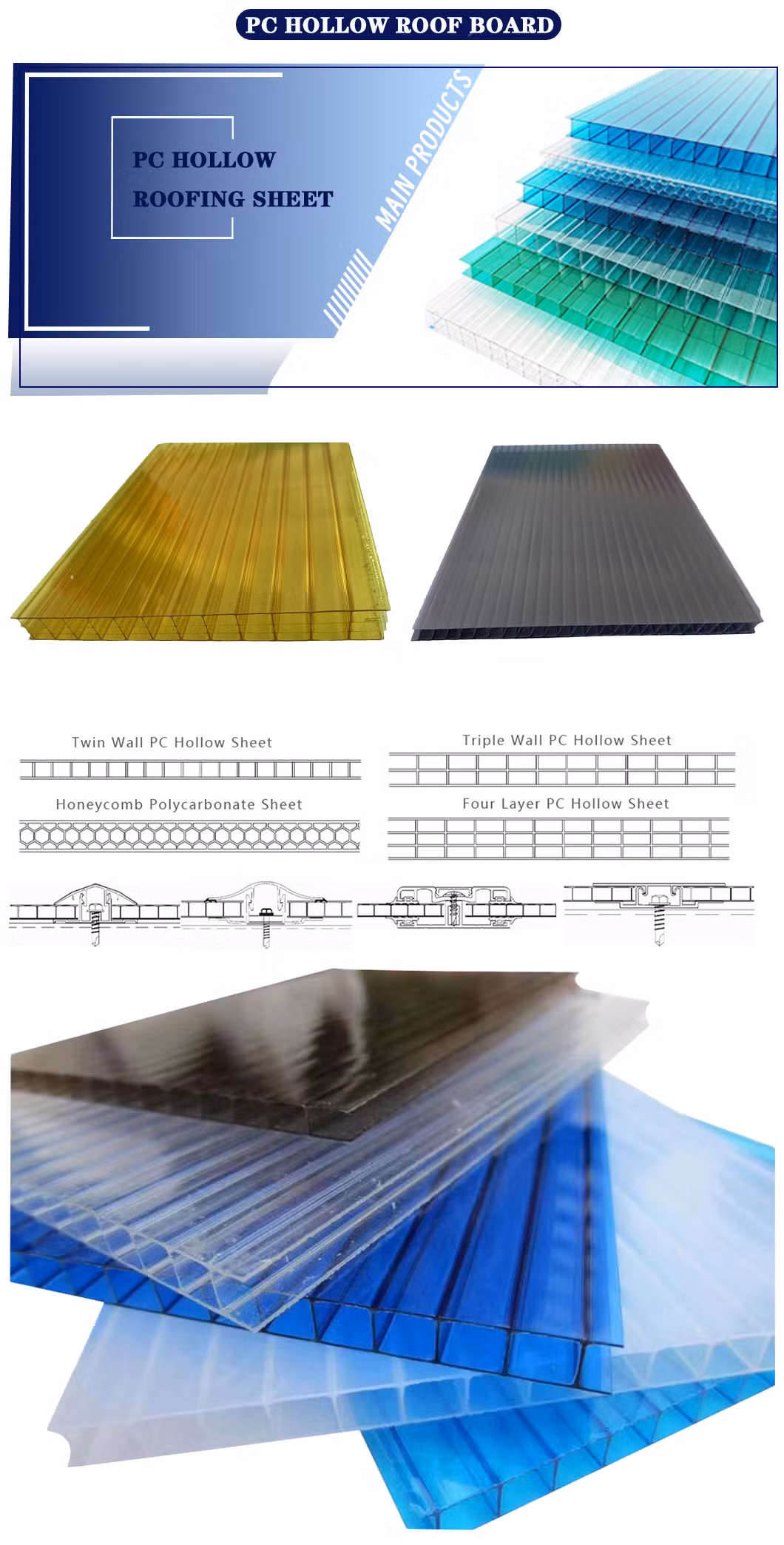 PC Solar Panels Double Wall Transparent Plastic Roof, PC Hollow Sheet for Bus Stop Twin Wall Polycarbonate Sheet