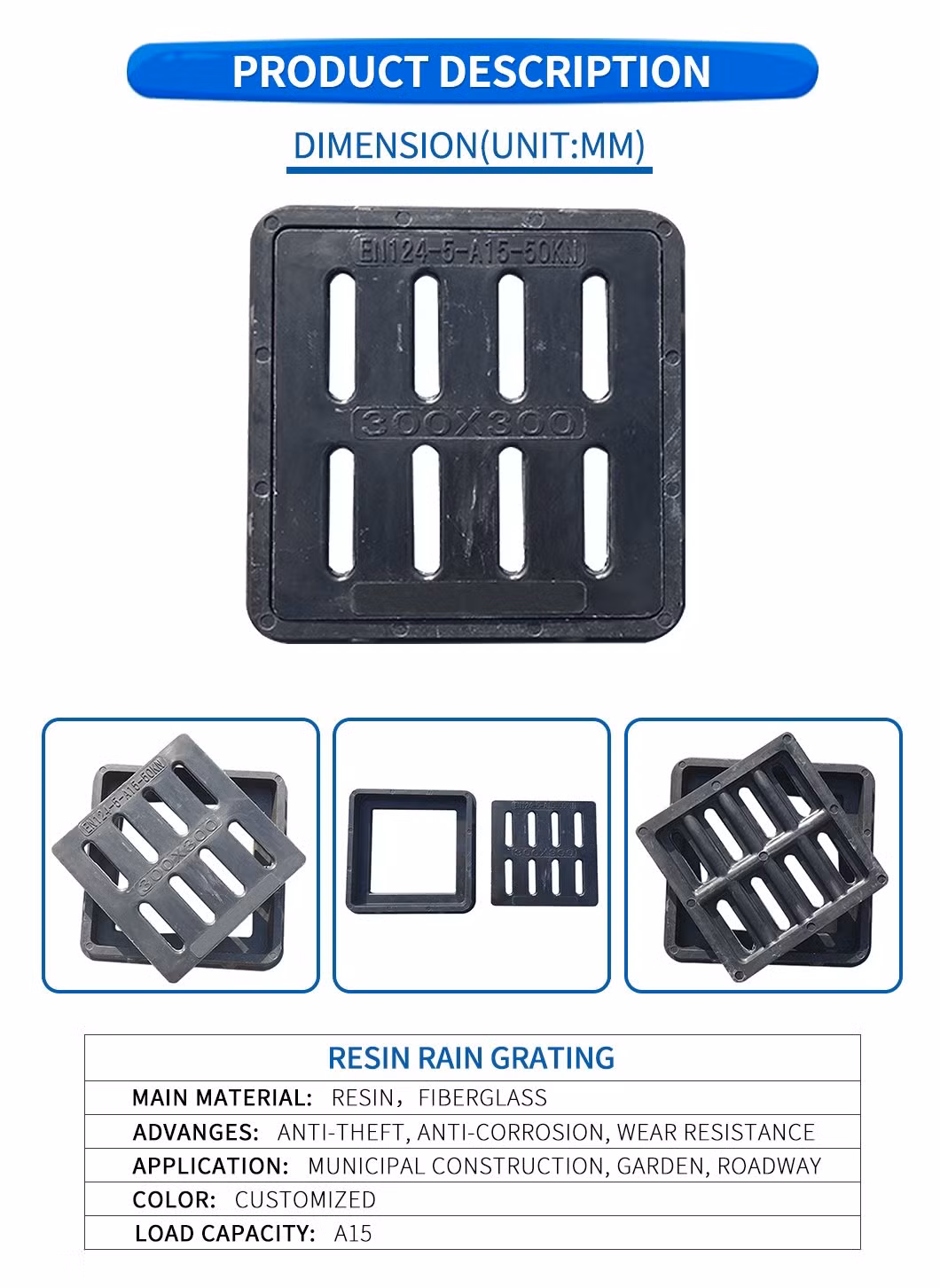 En124 Composite Resin BMC/SMC/FRP Draintrench Drain Cover for Road