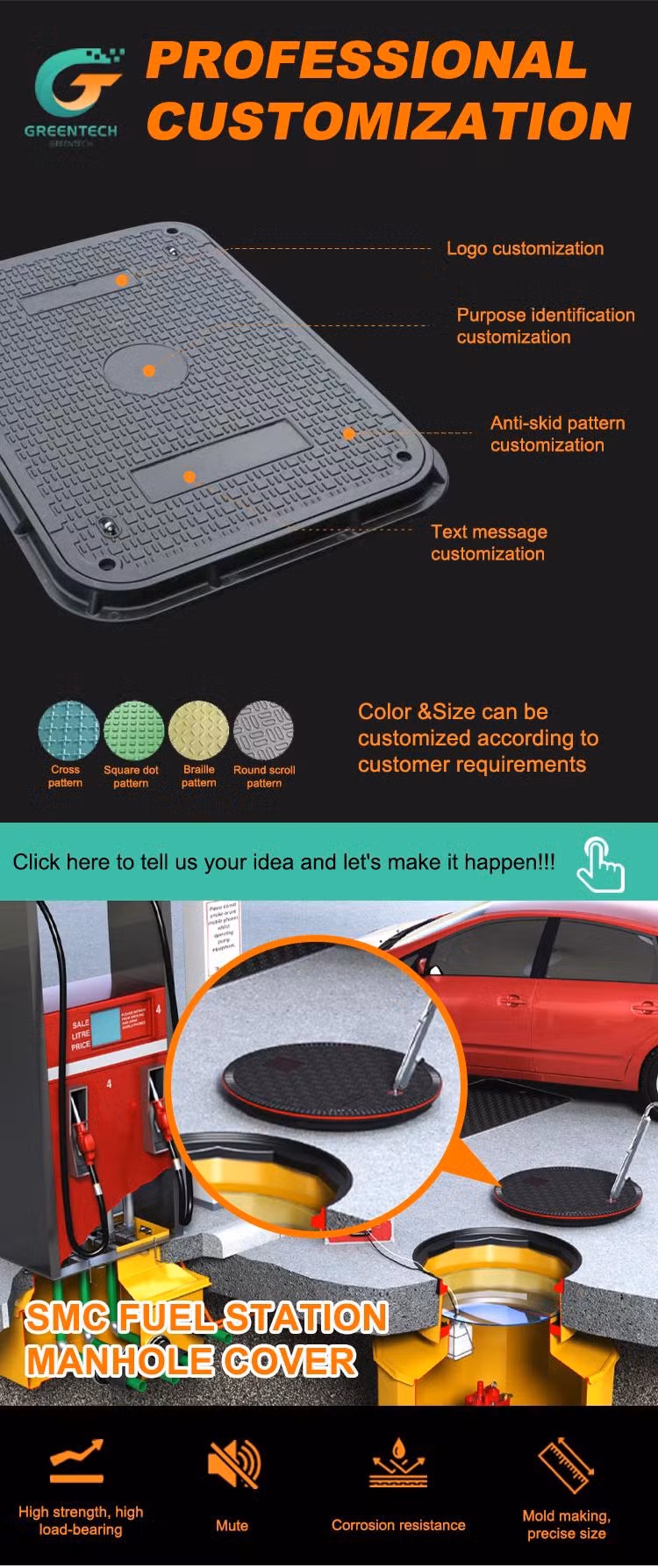 Square Plastic FRP/GRP Sewer Inspection Cover Composite Manhole Cover B125