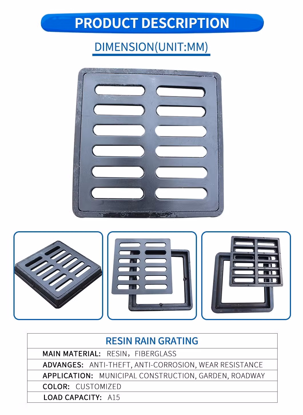 En124 Composite Resin BMC/SMC/FRP Draintrench Drain Cover for Road