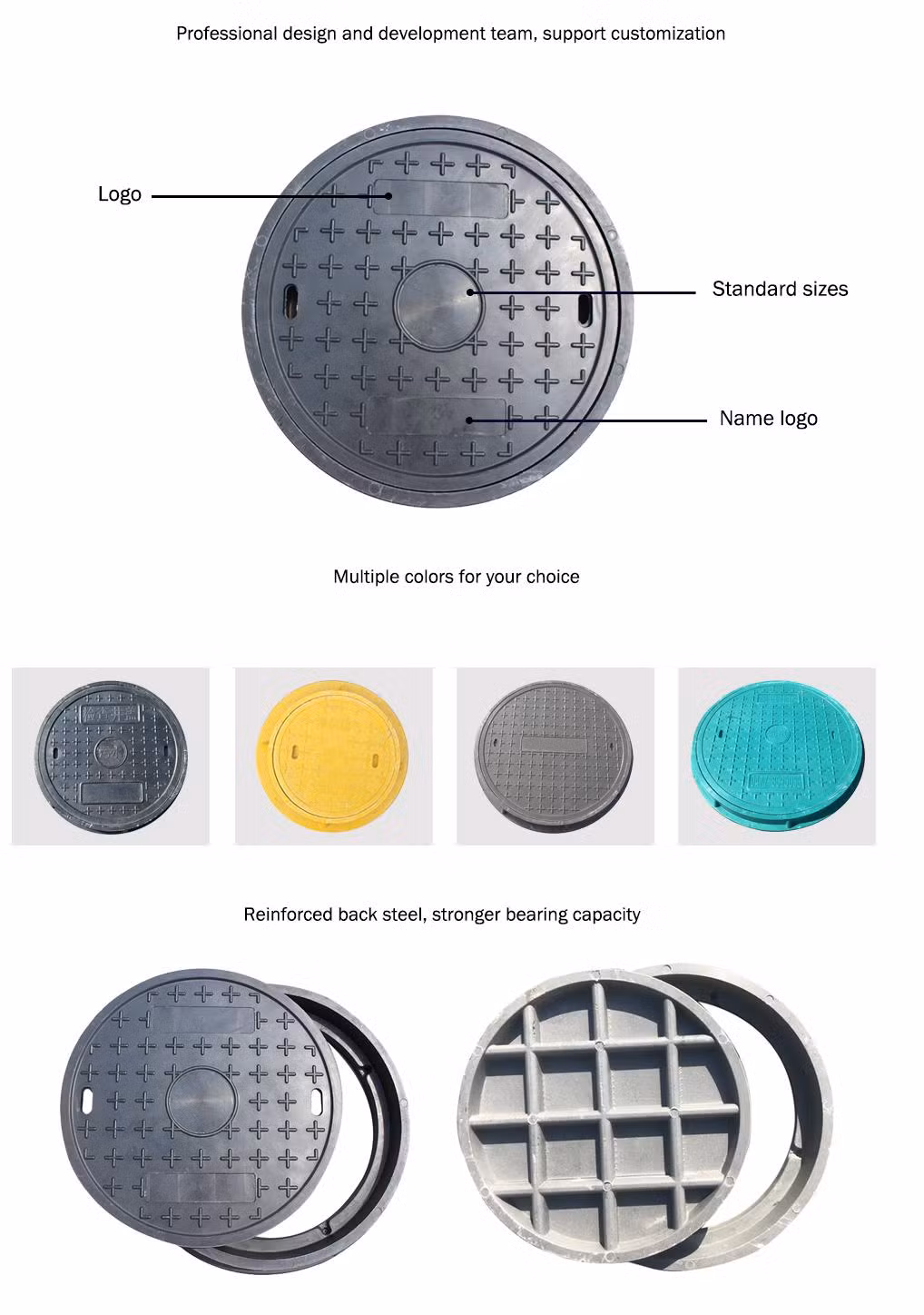 Factory Cheap Price Manhole Cover Fiberglass Plastic Rectangular Round Manhole Composite Manhole Cover for Road A15 B125 C250 D400