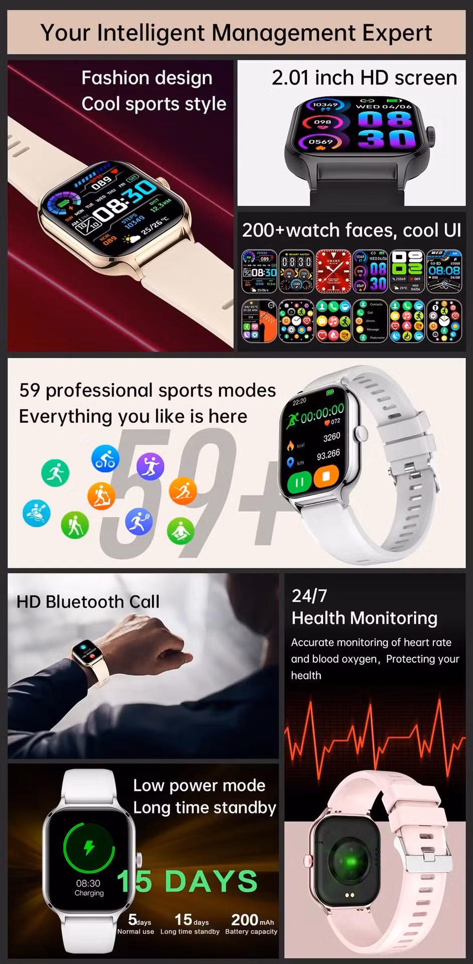 Smart Watch 2024 Men Women 2.01 Inch Custom Watch Face Rotate Button Bluetoooth Reloj Hombre Sports Smarthwhatch