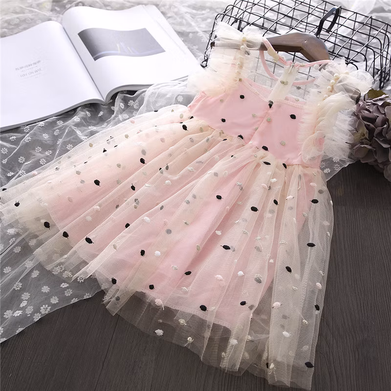 Children Girls Casual Party Dress Print with Crepe Sleeves and Cotton Tulle