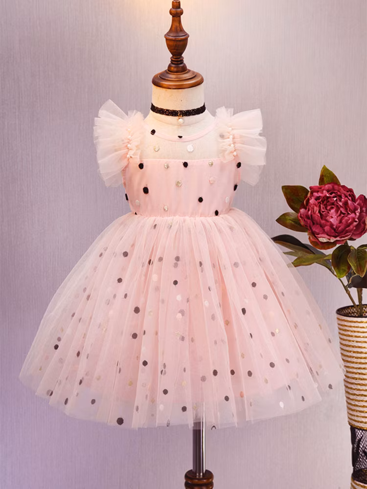 Children Girls Casual Party Dress Print with Crepe Sleeves and Cotton Tulle