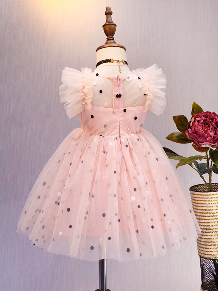 Children Girls Casual Party Dress Print with Crepe Sleeves and Cotton Tulle