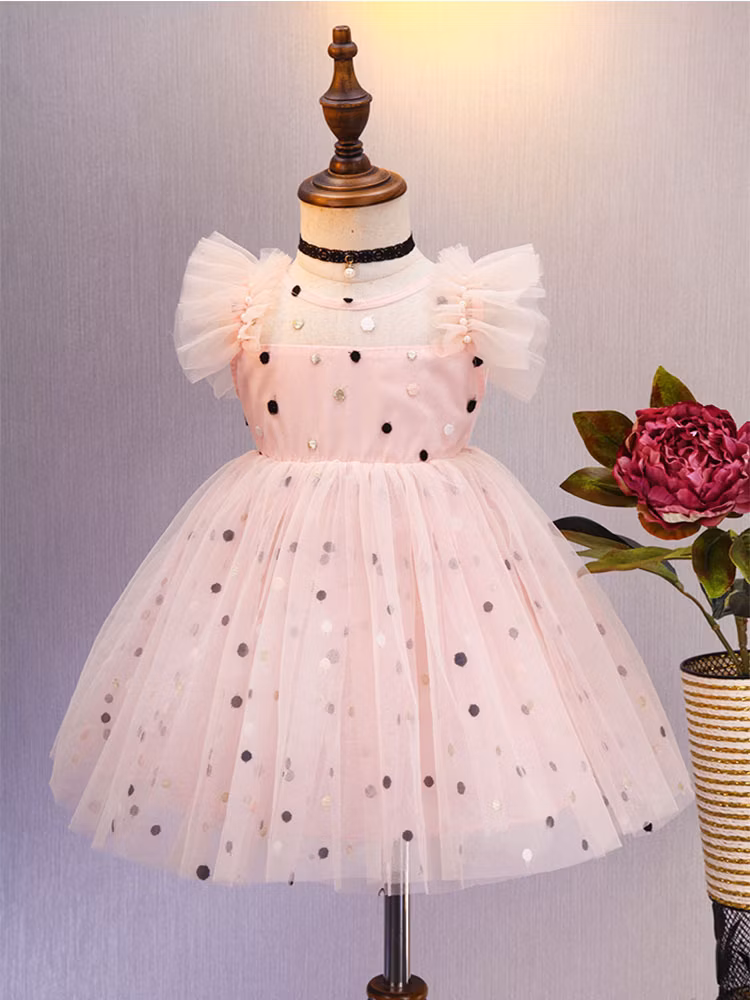 Children Girls Casual Party Dress Print with Crepe Sleeves and Cotton Tulle