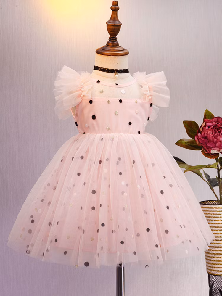 Children Girls Casual Party Dress Print with Crepe Sleeves and Cotton Tulle
