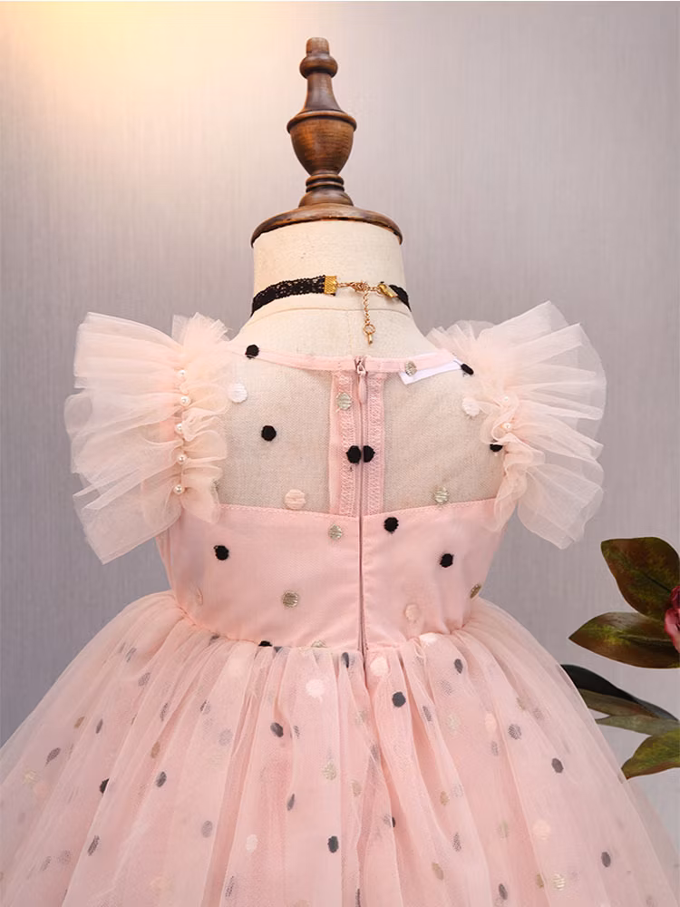 Children Girls Casual Party Dress Print with Crepe Sleeves and Cotton Tulle