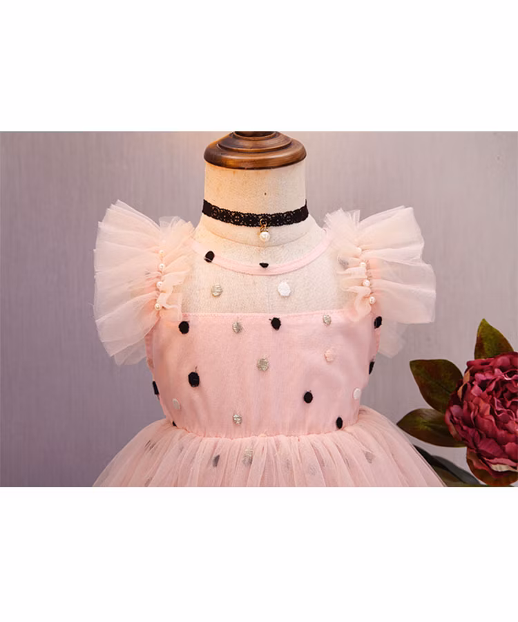 Children Girls Casual Party Dress Print with Crepe Sleeves and Cotton Tulle