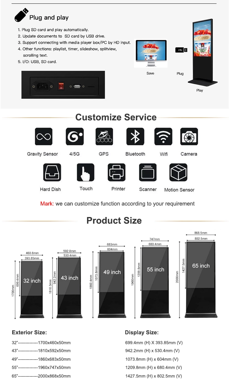 65 Inch Touch Kiosk Digital Signage and Displays LED Screen Digit Board