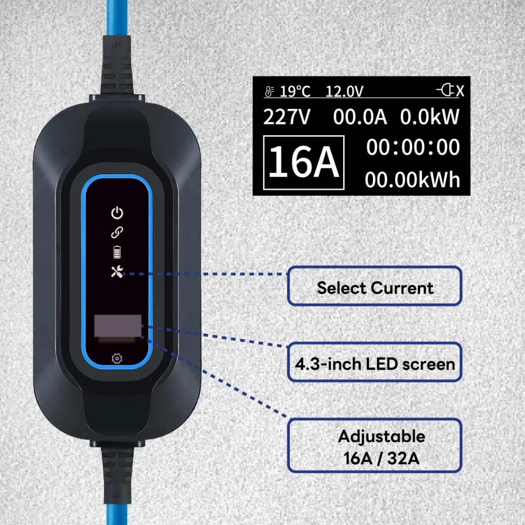 Custom Laser Logo SAE J1772 One Phase 3.6kw 16 a Big Screen Portable EV Charger of 32A with LED Display