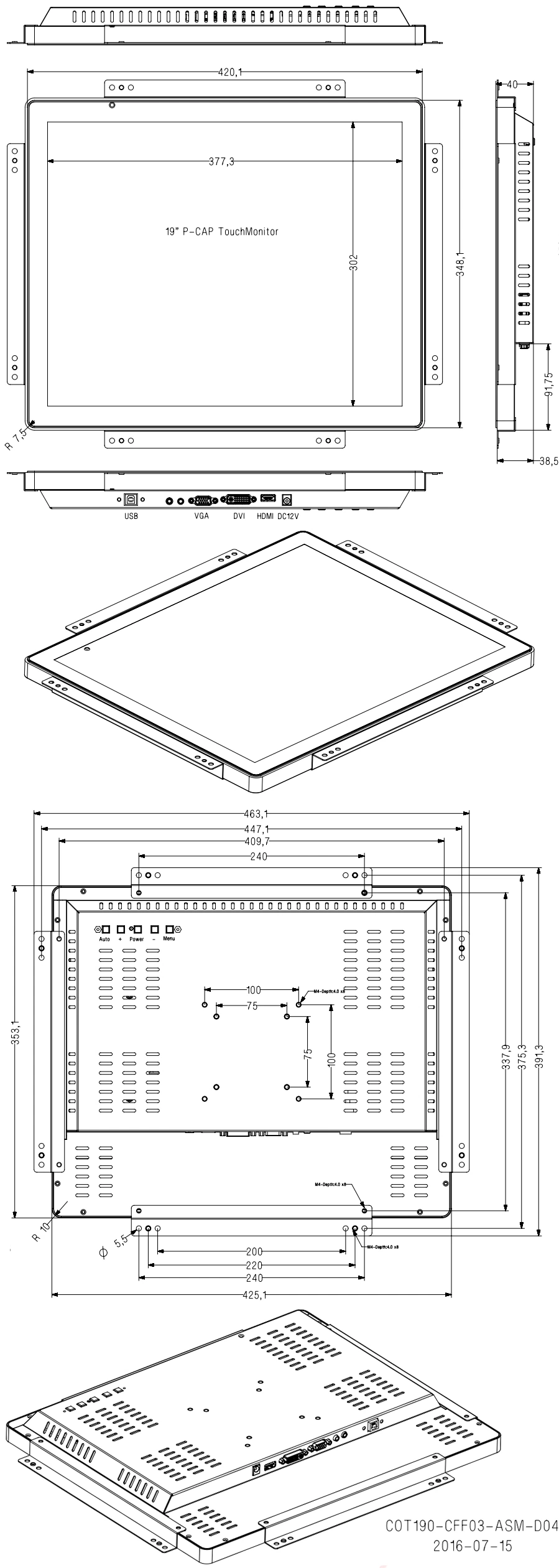 19&prime; &prime; Projected Capacitive Multi Touch Screen TFT LCD LED Monitor