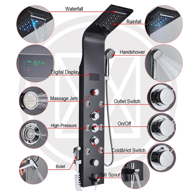 8061 Modern Black LED Wall Mount 304 Stainless Steel Bathroom Shower Panel