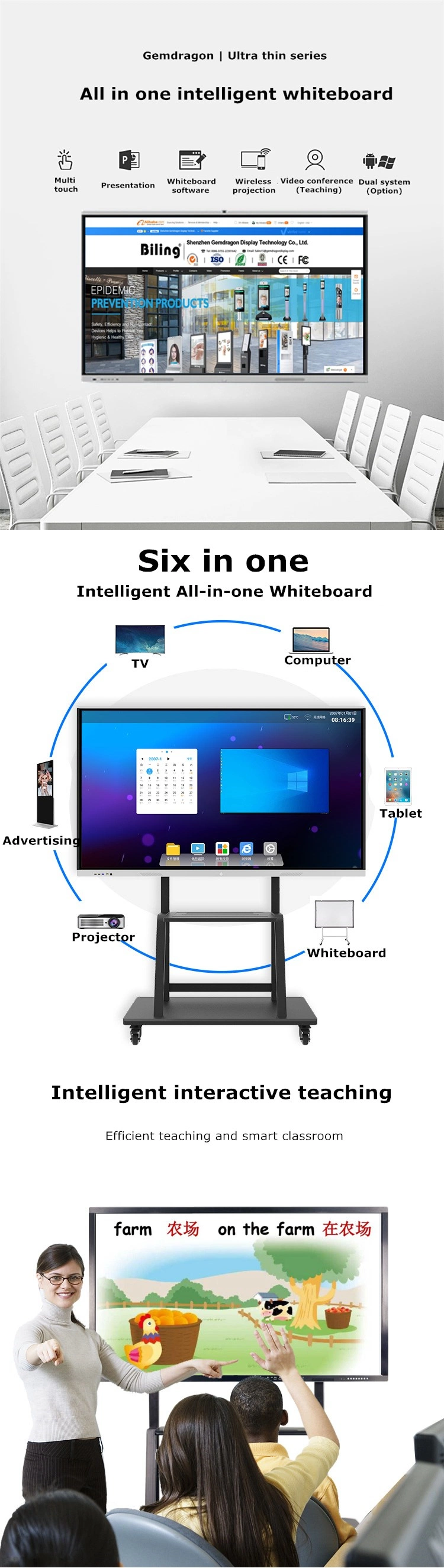 Made in China LCD Display Interactive Whiteboard TV Flat Panel Infrared Touch Windows Android 4K 65 75inch Touch Panel LED Screen Smartboard for Education