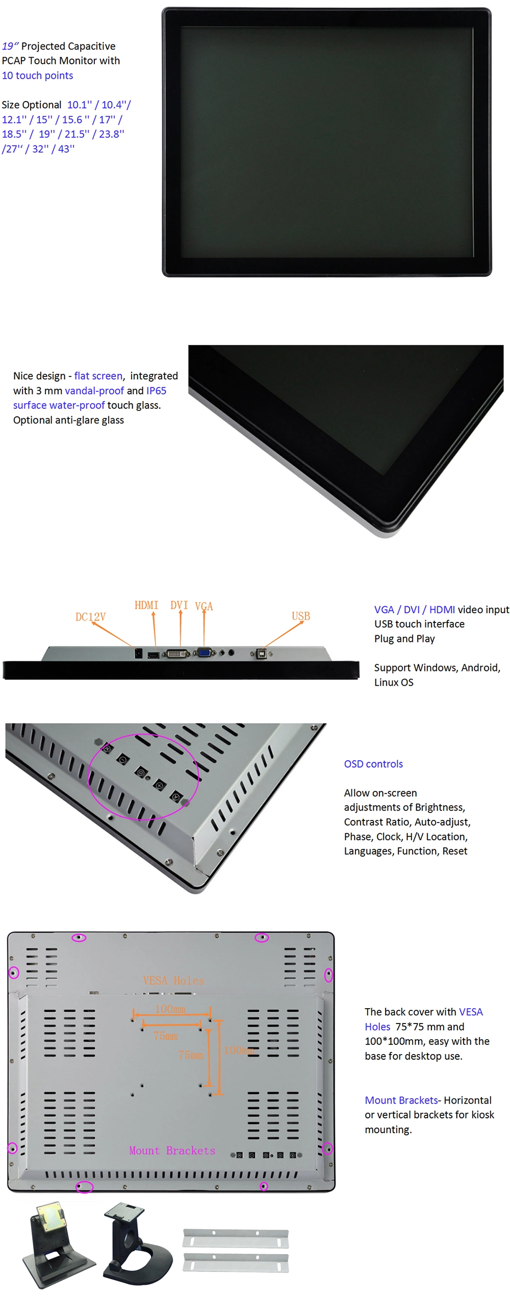 19&prime; &prime; Projected Capacitive Multi Touch Screen TFT LCD LED Monitor