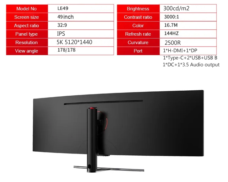 Factory Wholesale 49inch Gaming Monitor Super Wide 49&prime;&prime; 144Hz Gaming 5K Curved Screen Monitor LED 75Hz PC Monitor