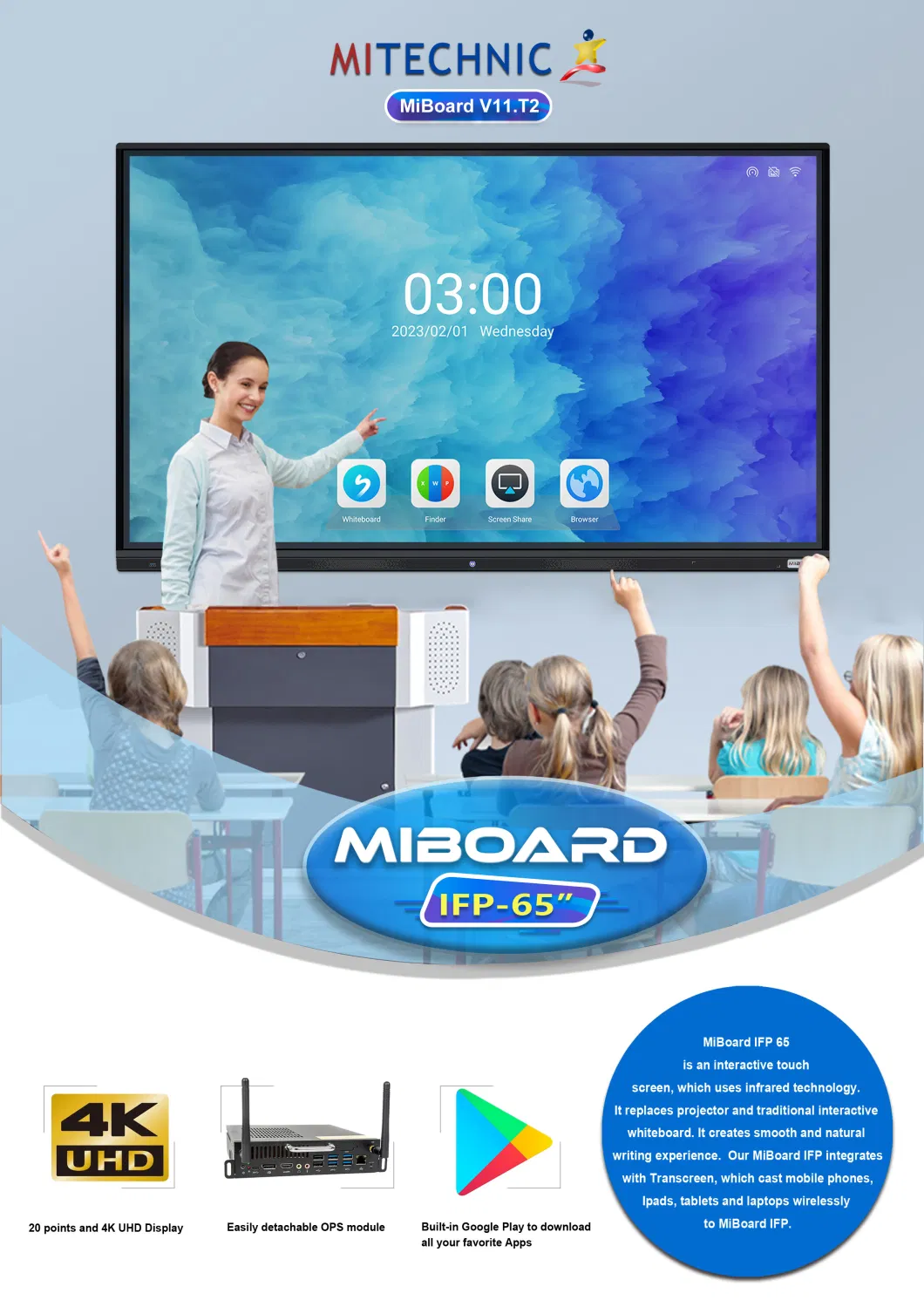 All in One 4K Infrared LED Touch Computer Interactive Flat Smart Board Kiosk Conference Meeting Whiteboard Display Ifp 65&quot; 110&prime;&prime; Panel Miboard V11. T2