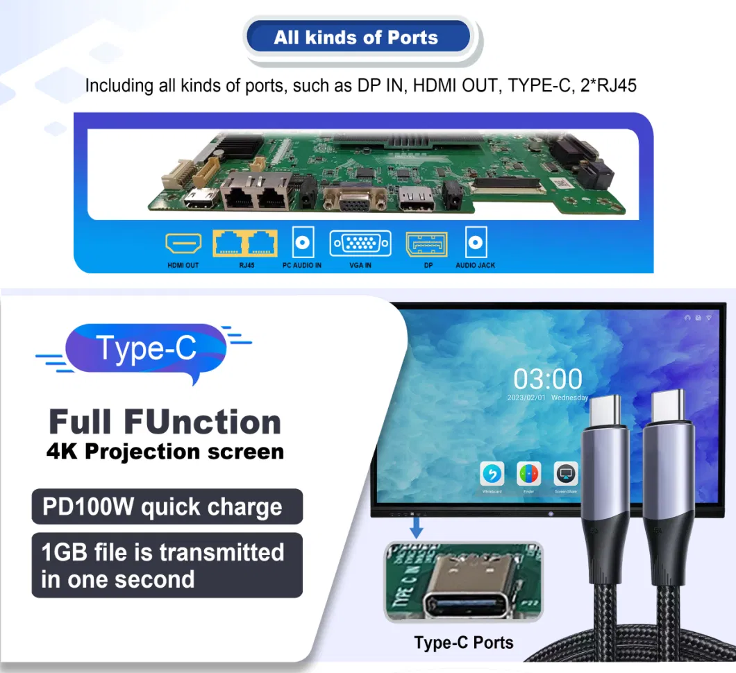 All in One 4K Infrared LED Touch Computer Interactive Flat Smart Board Kiosk Conference Meeting Whiteboard Display Ifp 65&quot; 110&prime;&prime; Panel Miboard V11. T2