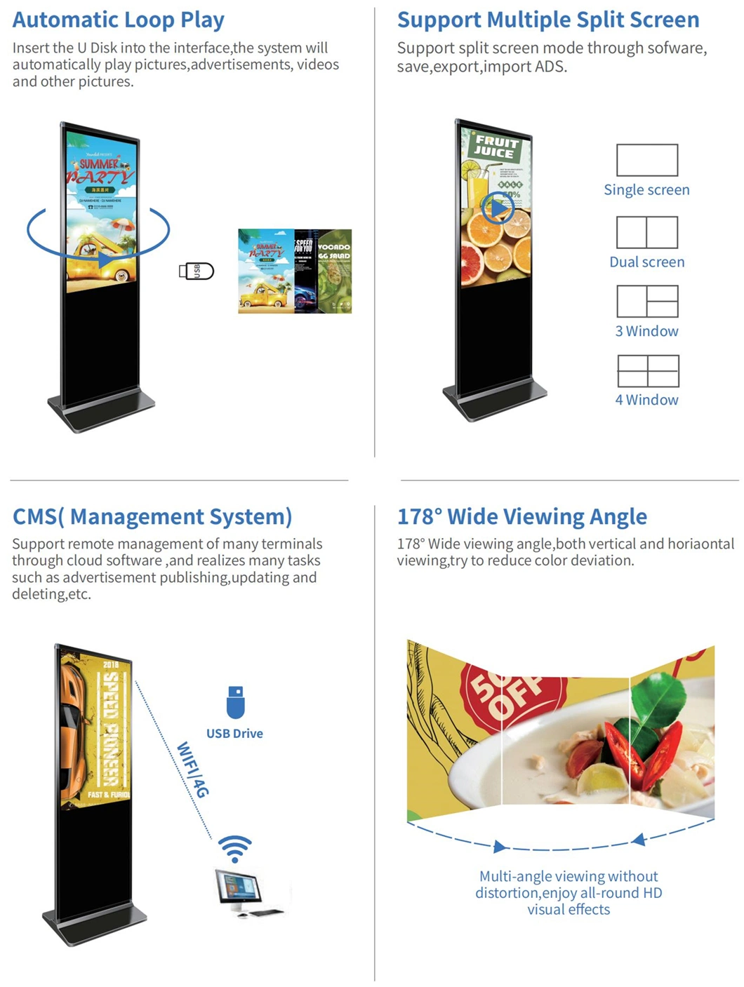 4K Interactive TFT Floor Stand 43 55 65 Inch Totem LED Backlit Advertising Display Capacitive Digital Signage Panel Information Kiosk Screen LCD TV Touch Screen