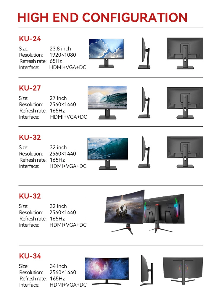 Kuai OEM ODM 75Hz 144Hz 165Hz 240Hz Monitors Frameless LCD Moniteur PC Computer LED Curved Flat Screen 27 Inch Gaming Monitor