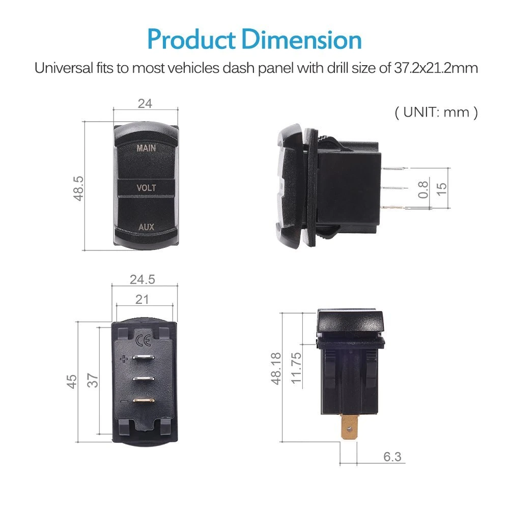 Red LED Digital Dual Voltmeter Main Aux Voltmeter, Rocker Switch Style Voltage Monitor for Car Pickup RV Truck Dual Battery Pack,