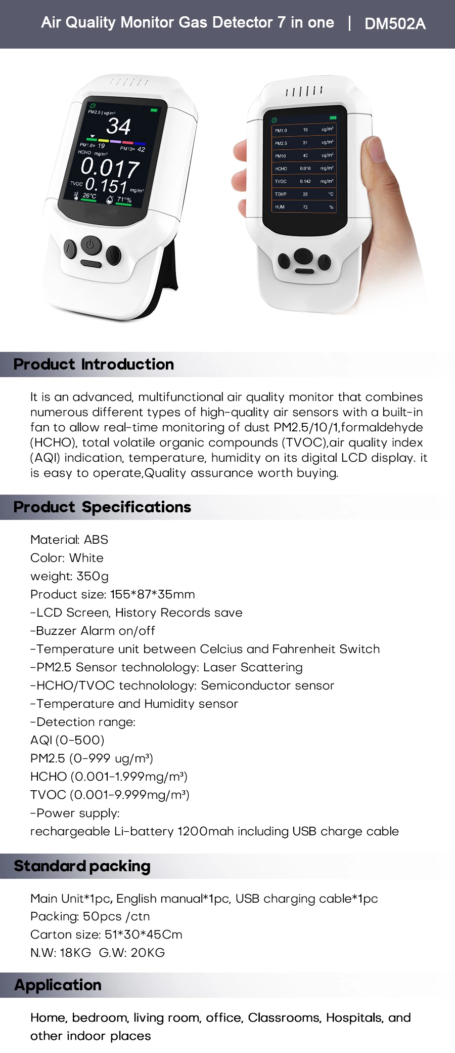 2023 New Portable Gas Detector Formaldehyde Meter Pm2.5 Pm1.0 Pm10 Hcho Tvoc Aoi Monitor with Semiconductor Sensor Home Use