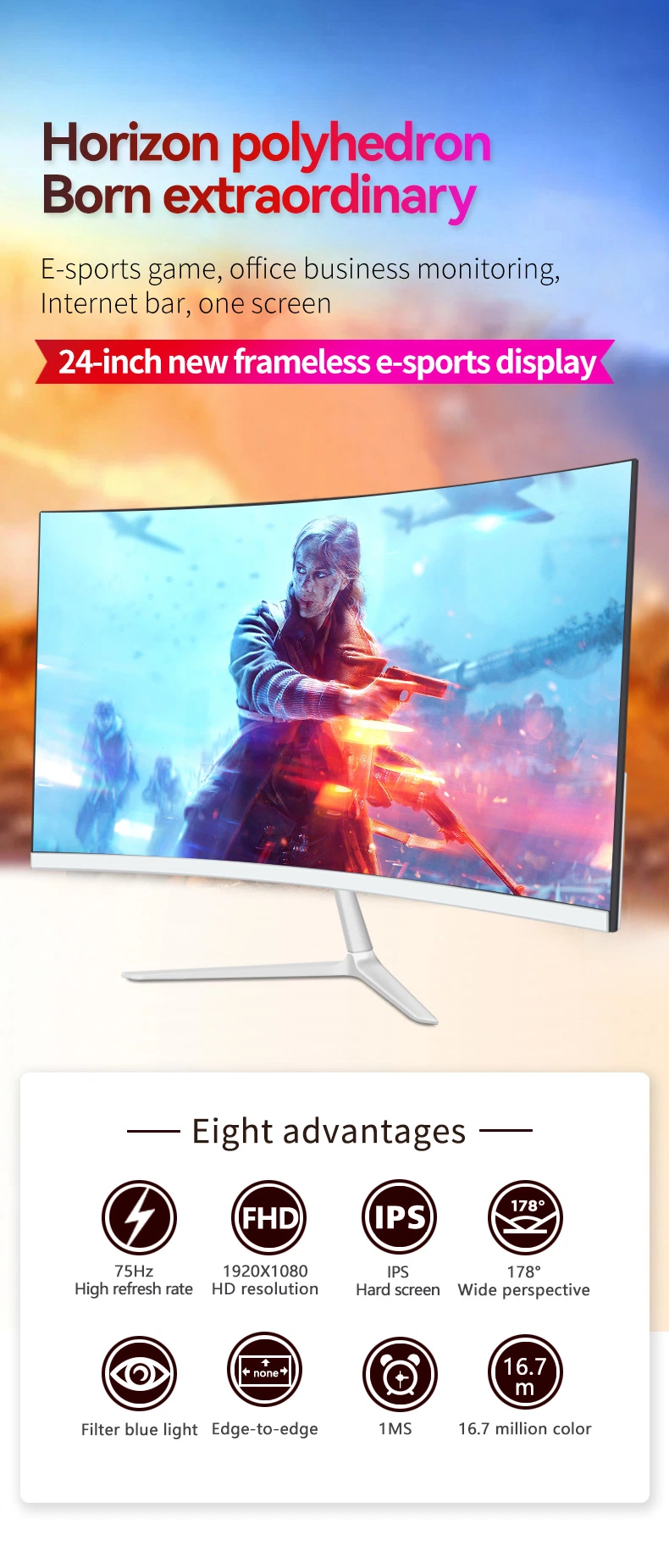 Kuai OEM ODM 75Hz 144Hz 165Hz 240Hz Monitors Frameless LCD Moniteur PC Computer LED Curved Flat Screen 27 Inch Gaming Monitor