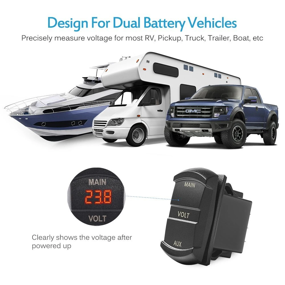 LED Digital Panel Double Voltmeter Main Voltmeter Aux Voltmeter, Rocker Switch Style Voltage Monitor for Car Pickup Truck Dual Battery Pack (Red)