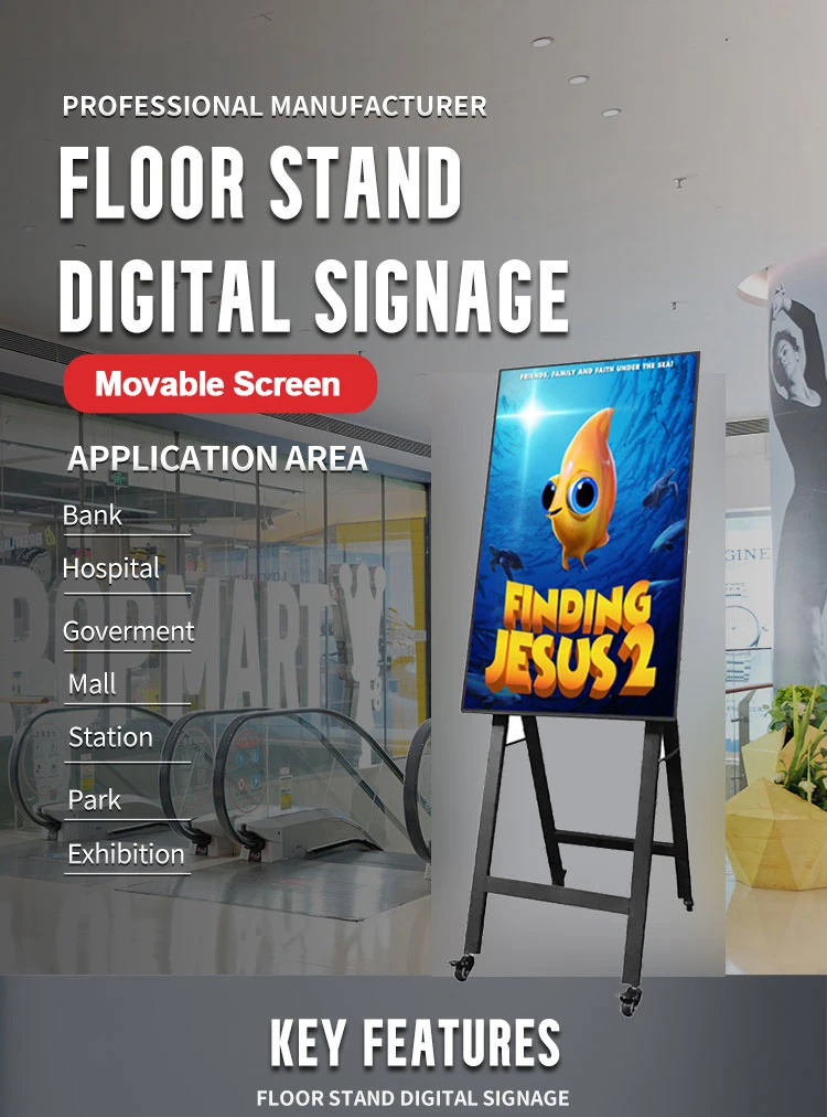 Portable Flooring Standing Move Smart Advertising Player LED Screen Poster Display LCD Menu Board for Shopping Mall