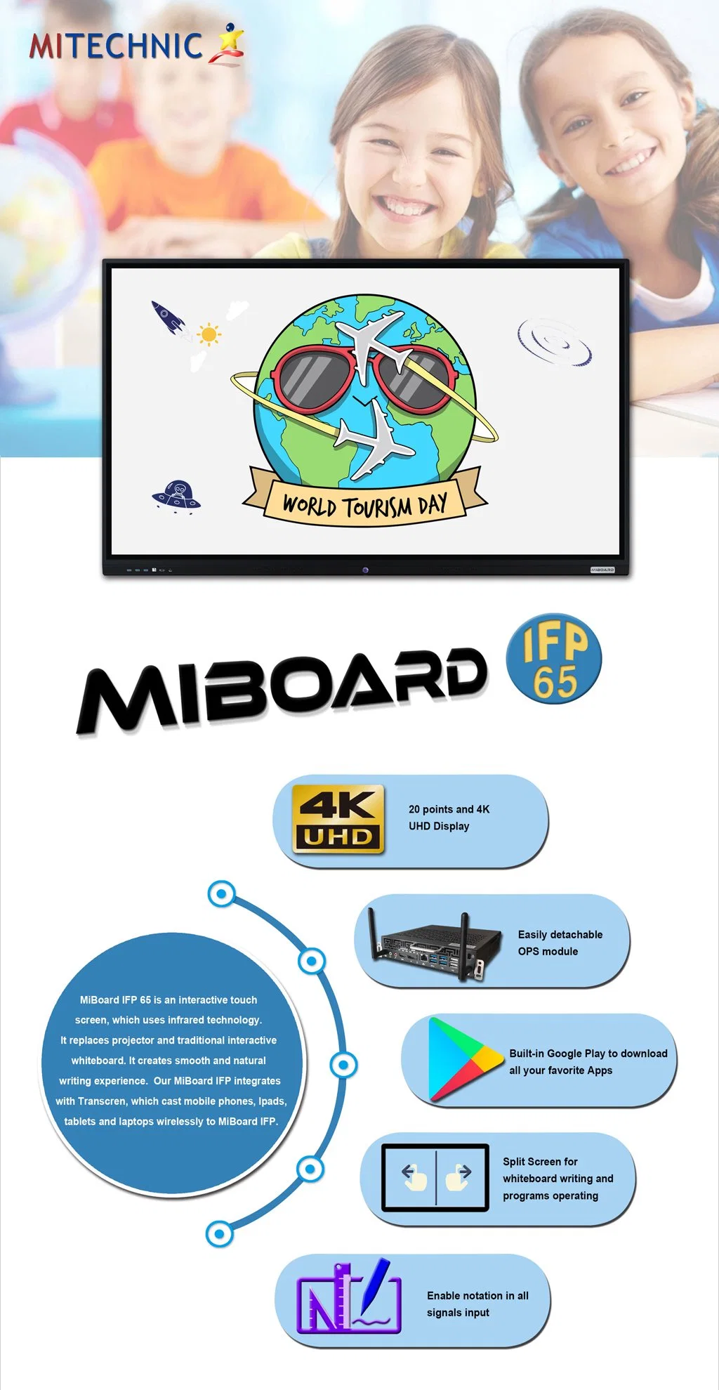 65 Inch Display Infrared LED Touch Computer Touch Interactive Flat Panel Smart Kiosk Conference Whiteboard Screen Board Miboard 4K 3840*2160