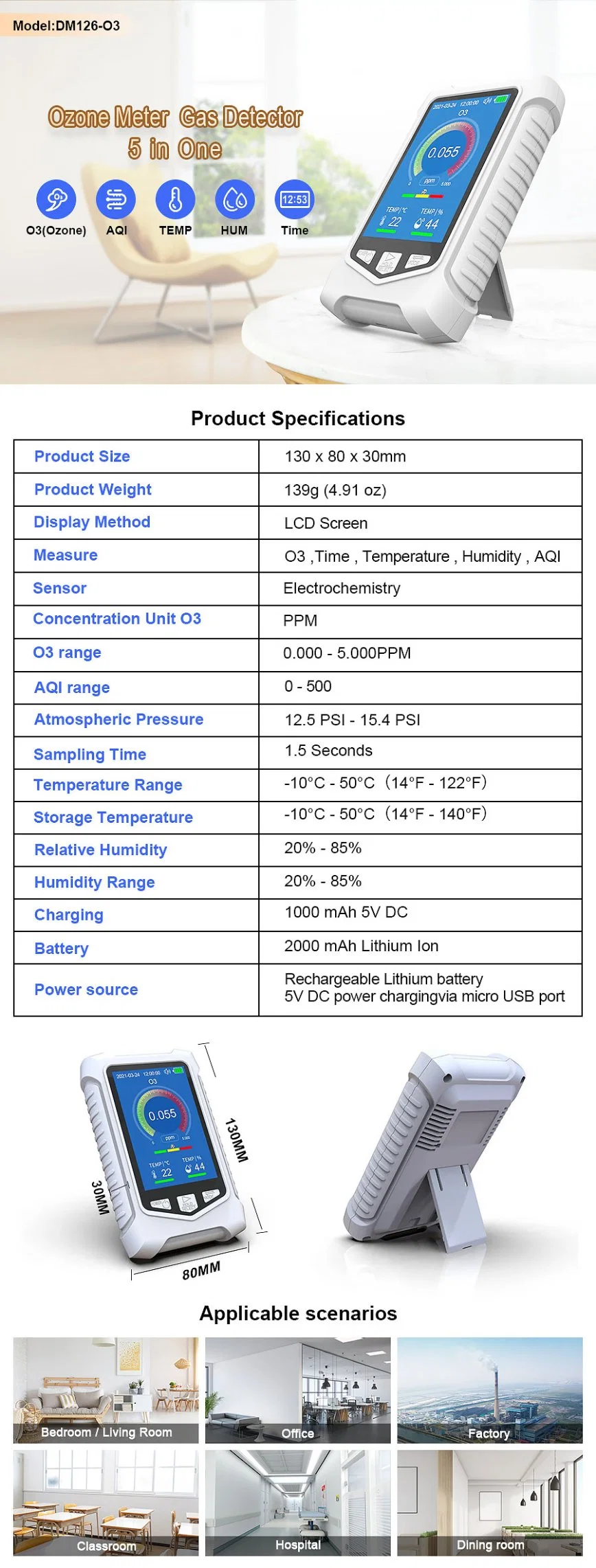 Handhold Ozone Meter Detector Air Quality Monitor 24 Hours Real Time Monitoring