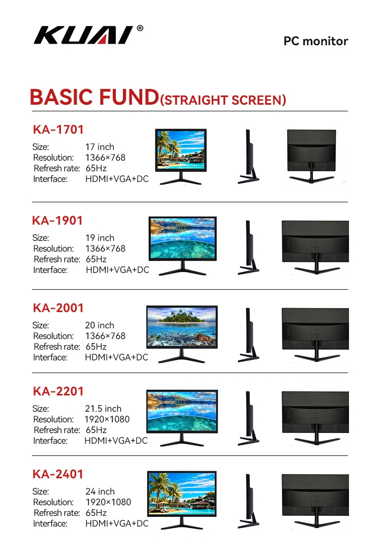 Kuai OEM ODM 75Hz 144Hz 165Hz 240Hz Monitors Frameless LCD Moniteur PC Computer LED Curved Flat Screen 27 Inch Gaming Monitor