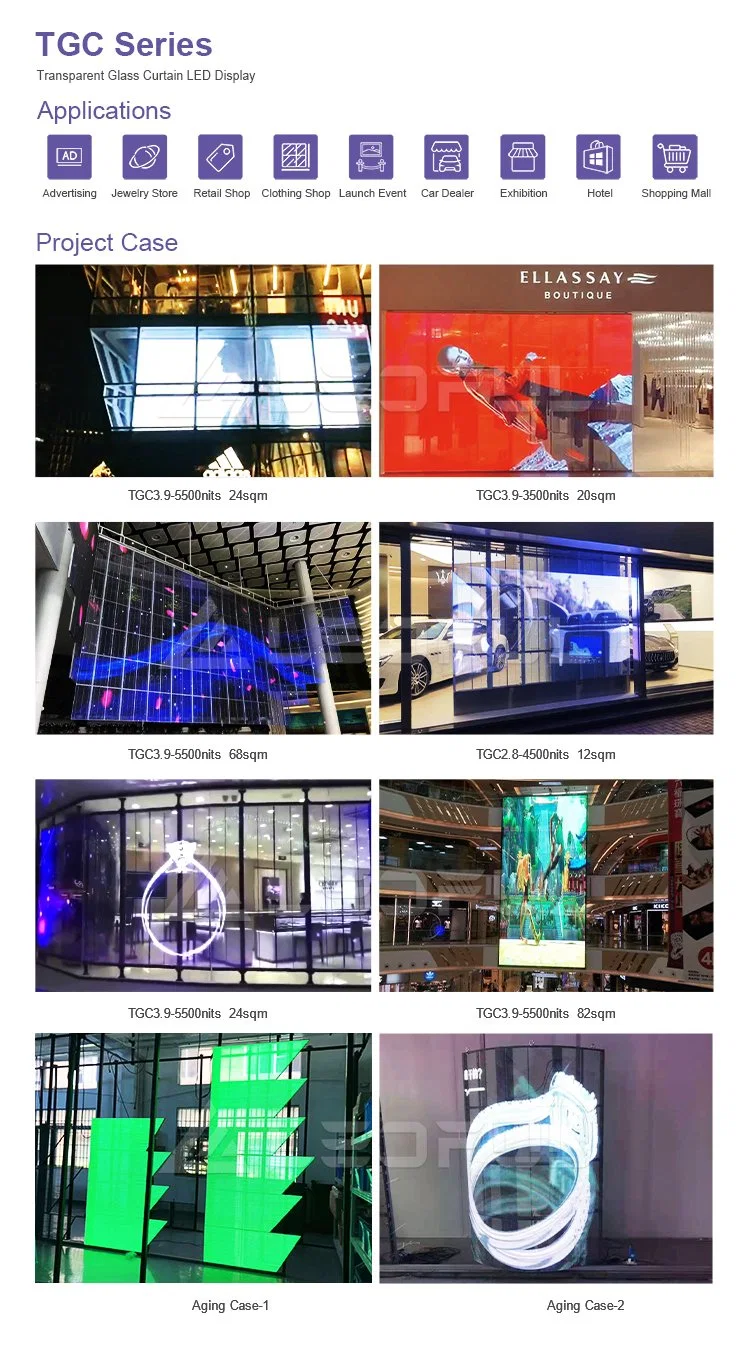 Indoor Outdoor P3.91 P2.8 P1.9 Transparent Digital Advertising Glass Video Wall RGB SMD TV P3.91-7.8 P2.8-5.6 Curtain Window LED Panels Mesh Film Display Screen