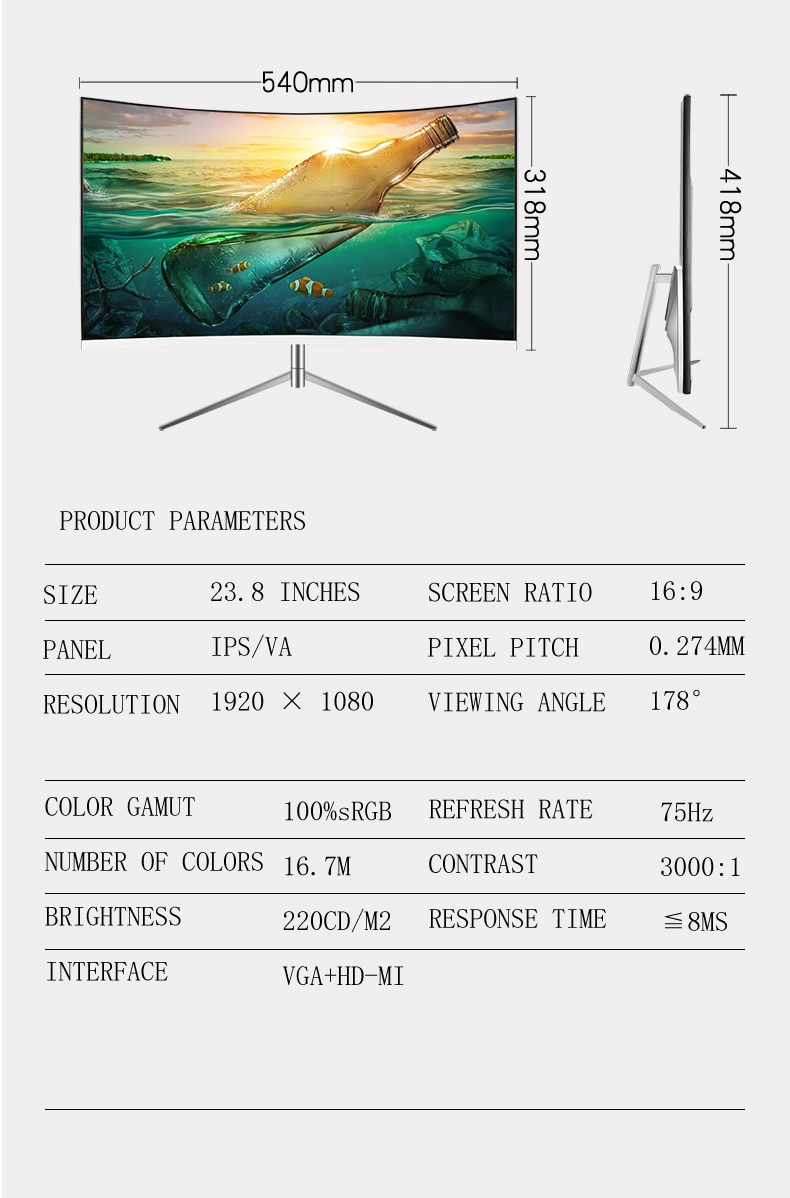 Factory Wholesale FHD Resolution 24 Inch Curved LCD PC Gaming Monitor 75Hz LED Desktop Computer Monitor