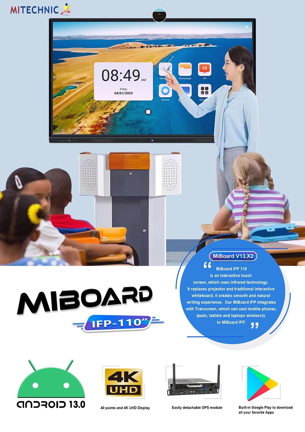 OEM 110 Inch 4K Multi Infrared LED Touch Computer Interactive Flat Smart Board Miboard V13. X2 Conference Whiteboard Display LCD TFT Screen Panel Wholesale