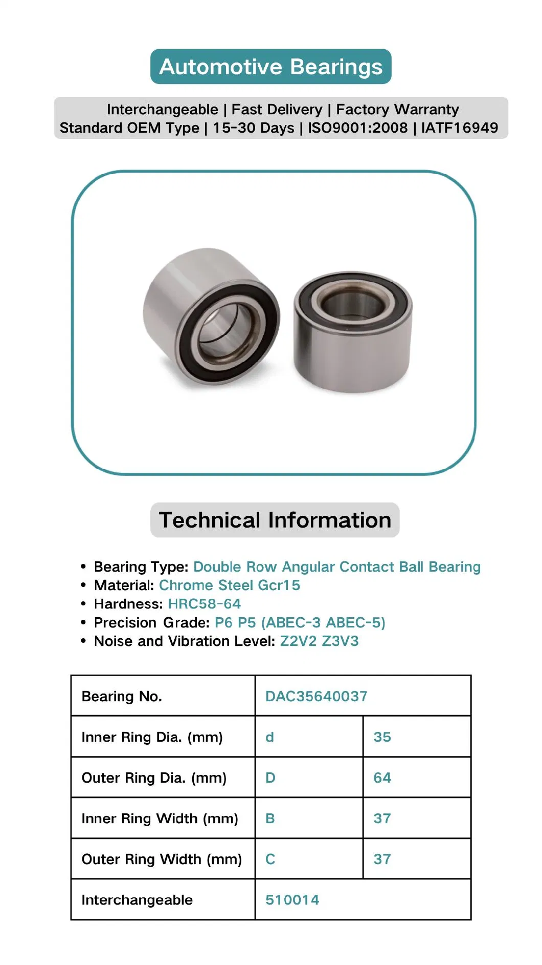 DAC35640037 Auto/Automotive/Double Row Angular Contact Ball Bearing/Wheel Hub Units