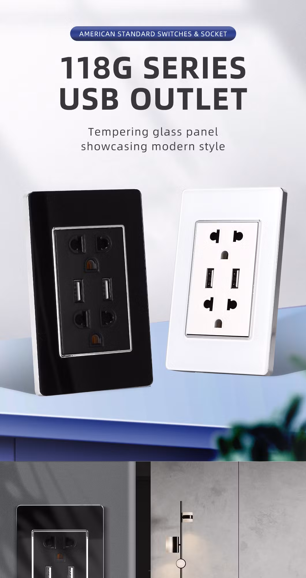 New Terminal Wiring Design Us Standard Tempered Glass Panel Black White Duplex Receptacle USB Wall Socket with Dual Type a Ports