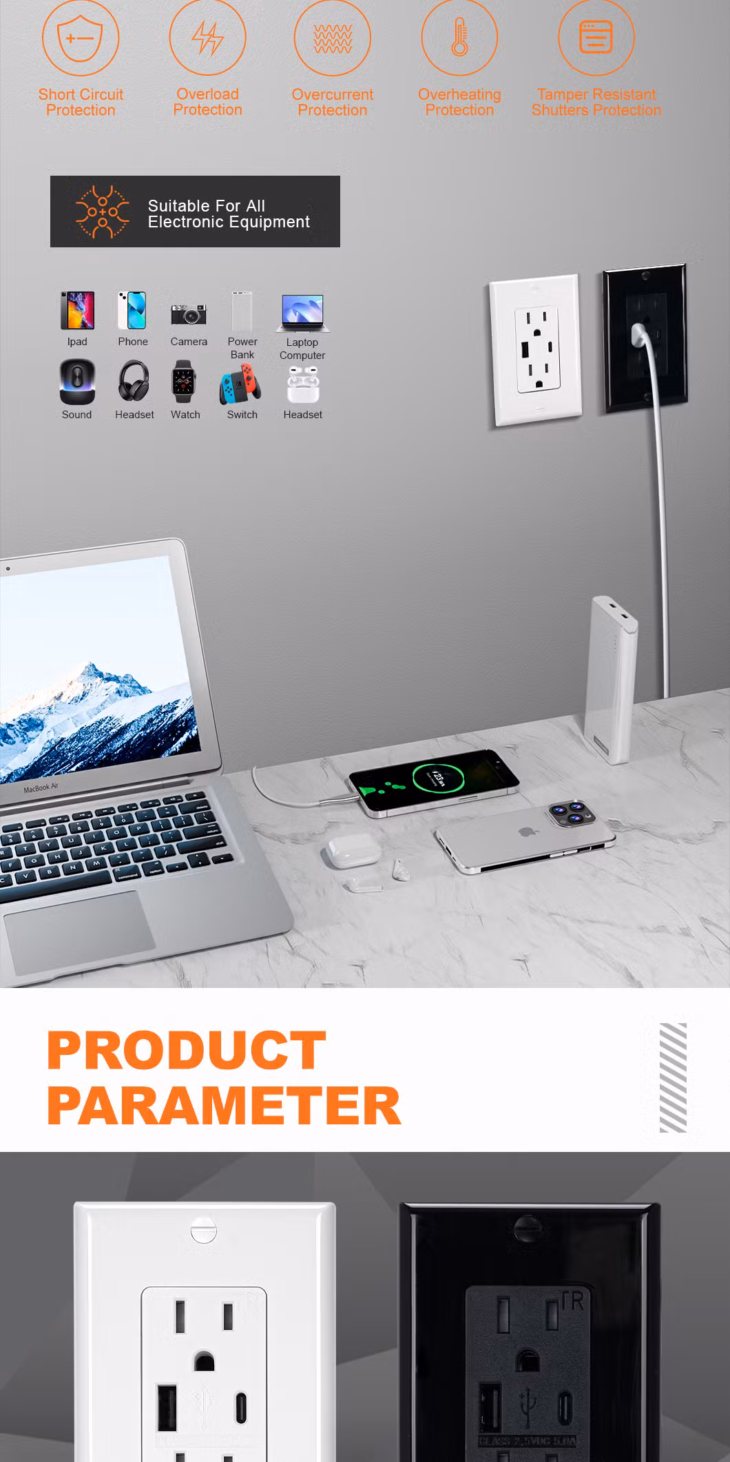 15A 125VAC Dual Receptacle 2 USB Type a+Type C Us Standard Wall Socket with Tamper Resistant