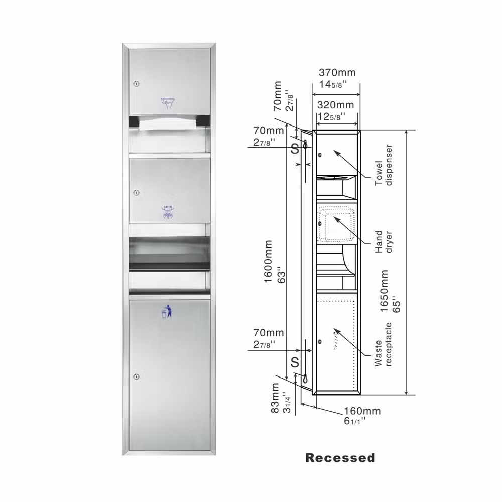 Stainless Steel Wall Mount Recessed Hand Dryer and Waste Receptacle and Manual Z Fold Paper Towel Dispenser