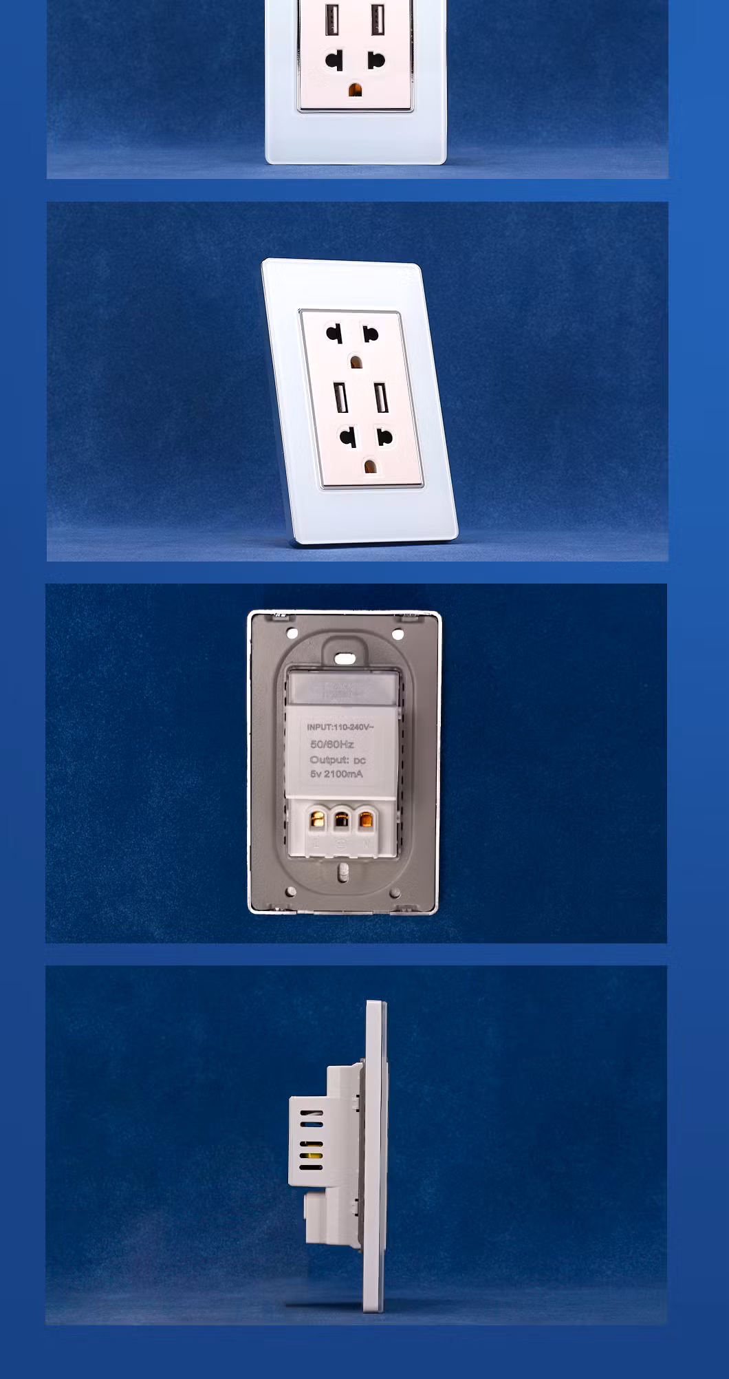 New Terminal Wiring Design Us Standard Tempered Glass Panel Black White Duplex Receptacle USB Wall Socket with Dual Type a Ports