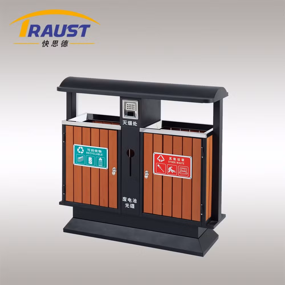 Traust 2 Dual Compartment Outdoor Public Wooden Dustbin Trash Can Litter Garbage Bin Waste Receptacle Factory Supplier Container Sorting Recycle Bin with Lid