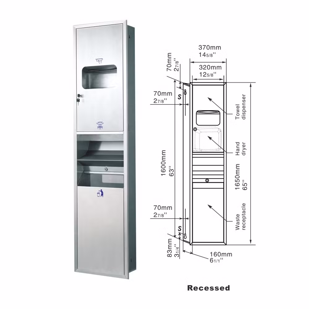 Stainless Steel Wall Mount Recessed Hand Dryer and Waste Receptacle and Multi Fold Paper Towel Dispenser