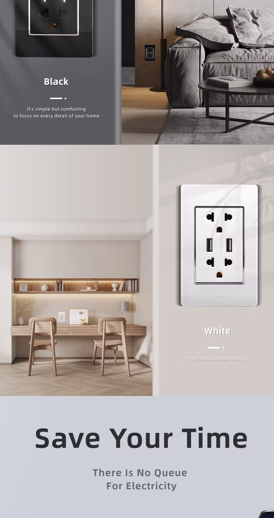 New Terminal Wiring Design Us Standard Tempered Glass Panel Black White Duplex Receptacle USB Wall Socket with Dual Type a Ports